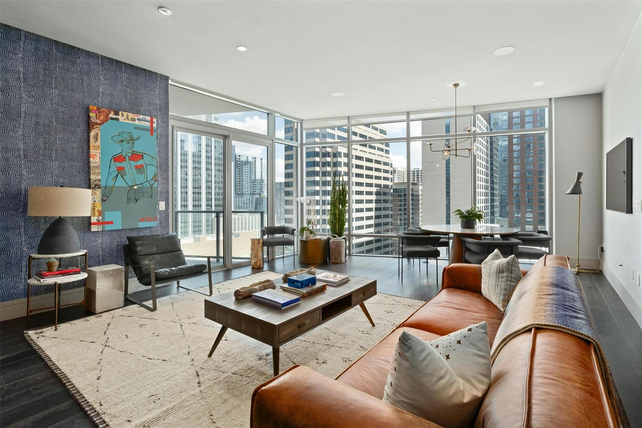 Beautifully prepared modern high-rise condo interior overlooking the downtown Austin skyline