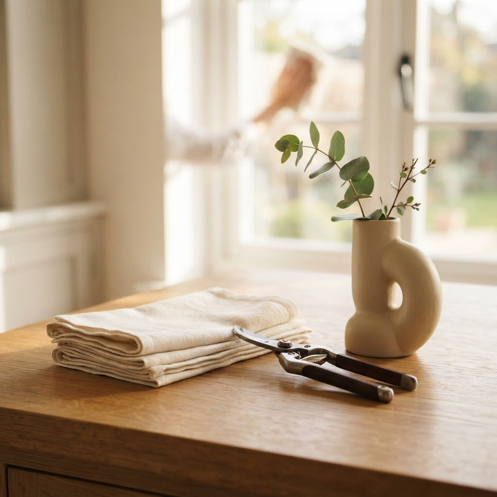 Curated property preparation details arranged on a warm oak surface